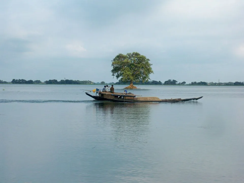 A country boat crossing the wide Titas river past a lone tree in the water