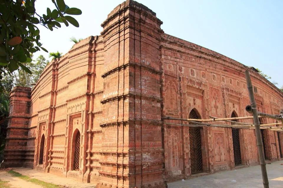 Terracotta-decorated brick walls of the old Pathrail mosque in Bhanga