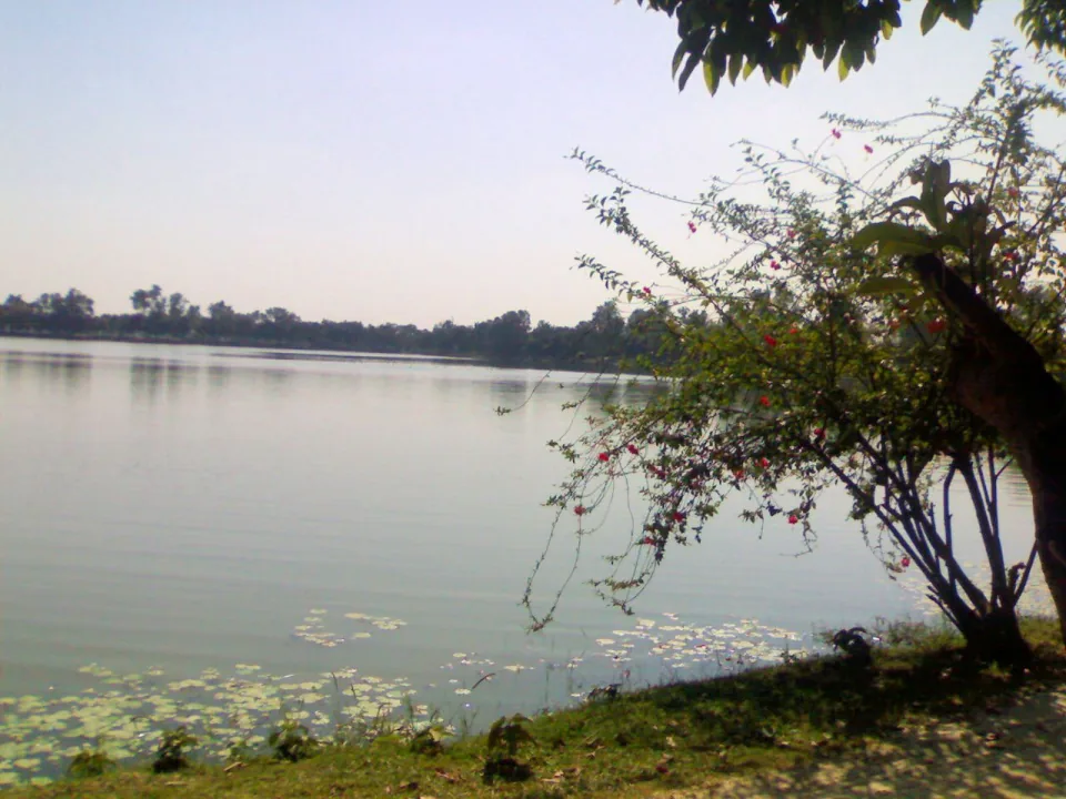শাপলা পাতা আর পাড়ে ফুলের ঝোপসহ নীলসাগর দিঘির শান্ত জল