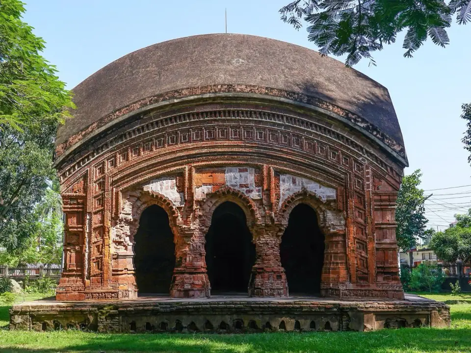 Terracotta-decorated Jor Bangla Temple with three arched entrances