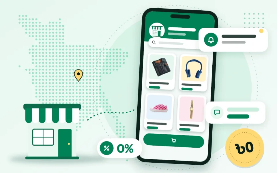 A Midmart shop open on a phone, with a new-order alert, a message from a buyer, 0% commission and nothing to pay to open