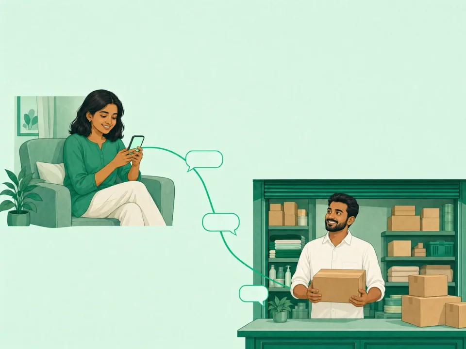 A buyer at home and a seller at their counter, connected by a line